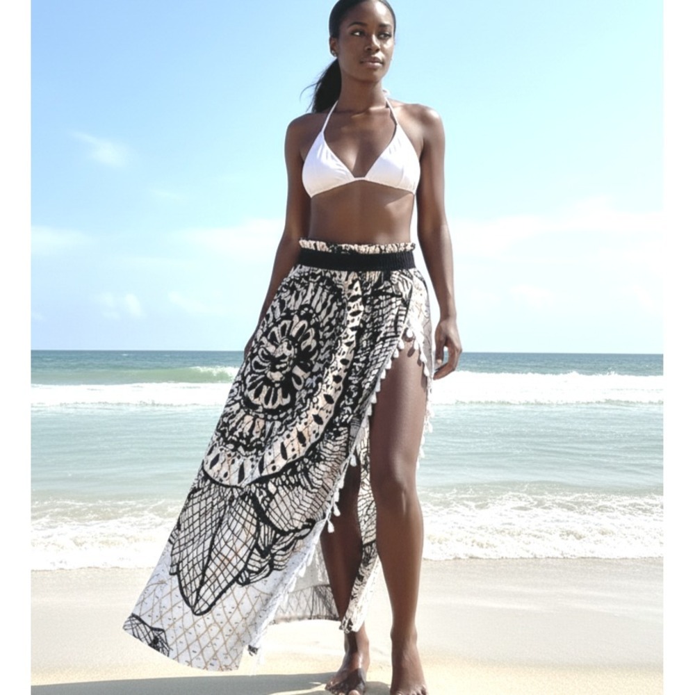 Boho Beach Maxi Skirt M Black White‎ Tassel Trim Paperbag Waist Resort - Picture 2 of 8